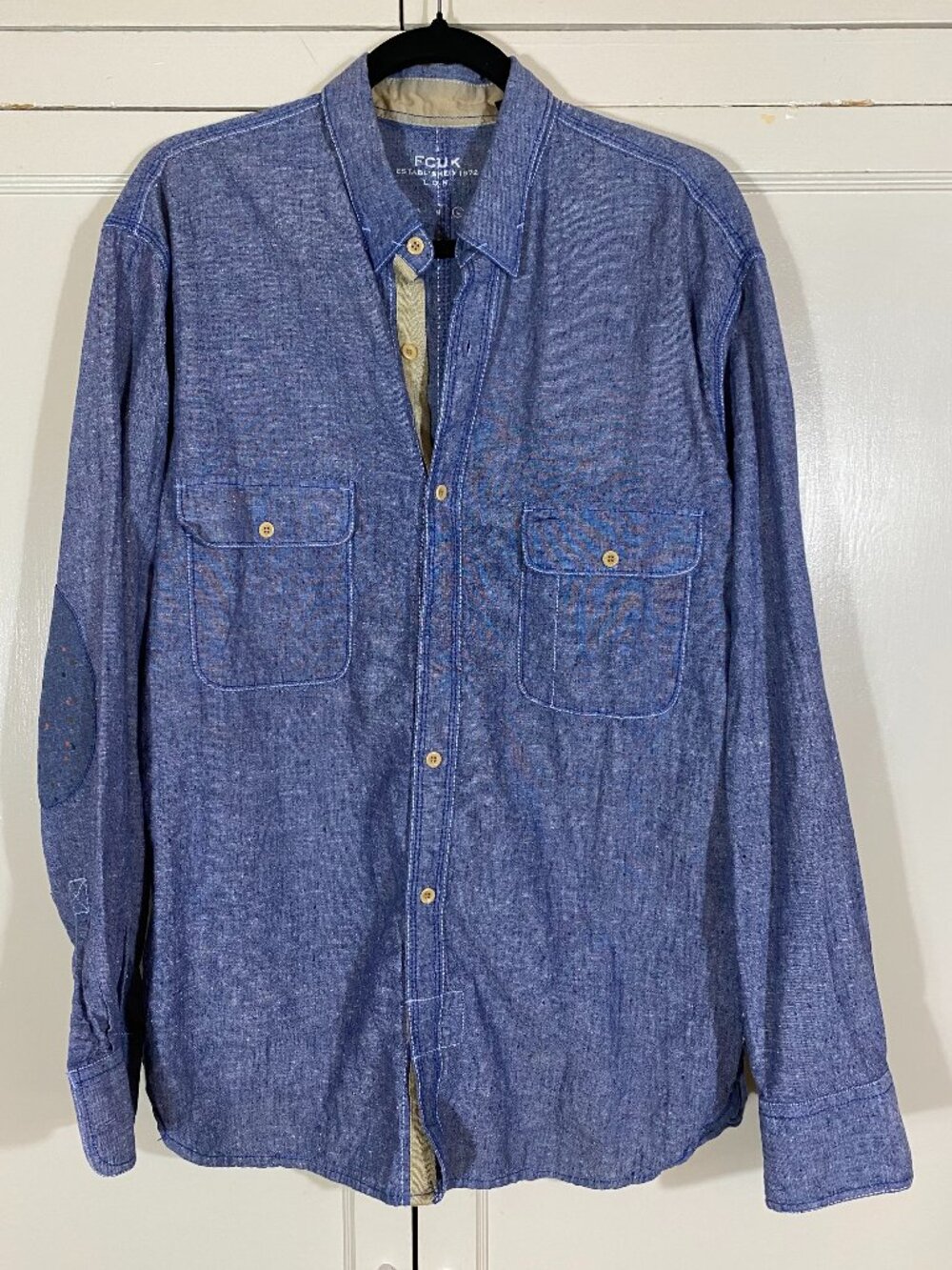 FCUK French Connection Long Sleeve Blue Cotton Chambray Shirt Elbow Patch, Large